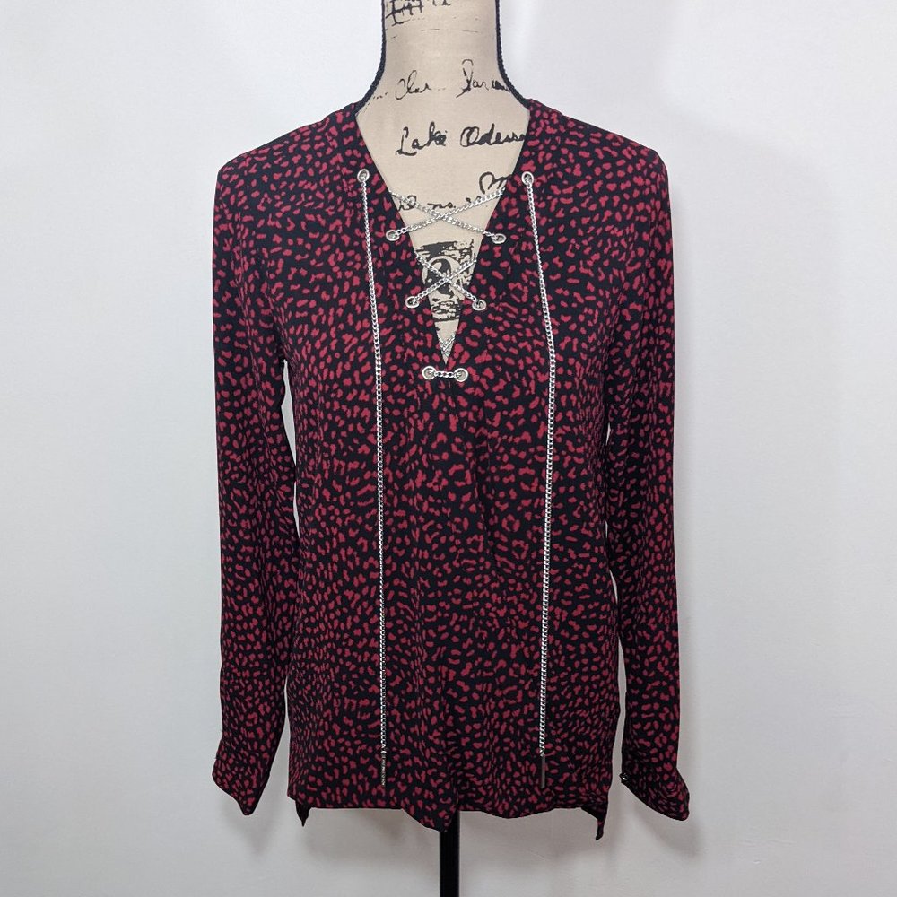 MICHAEL KORS Chain-Lace V-Neck Long Sleeve Top Blouse Red Black XS